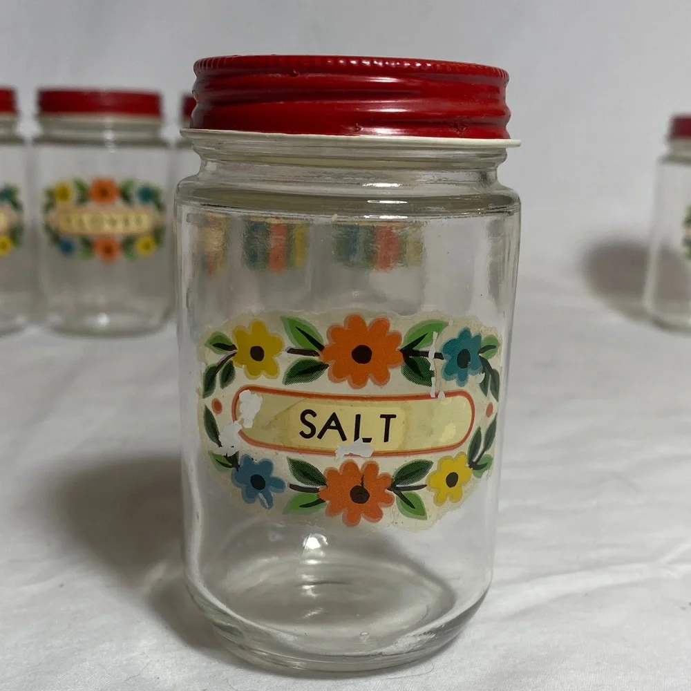 Vintage Set of 6 Glass Spice Jars with Red Metal Lids